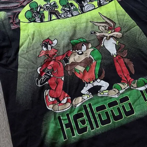 Vintage 90s Looney Tunes UFO Alien All Over Print Double Sided T Shirt Mens L